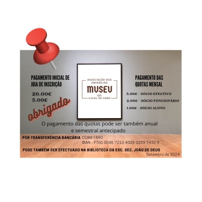 Joia, quotas e conta bancária, actualizados  em Setembro de 2024